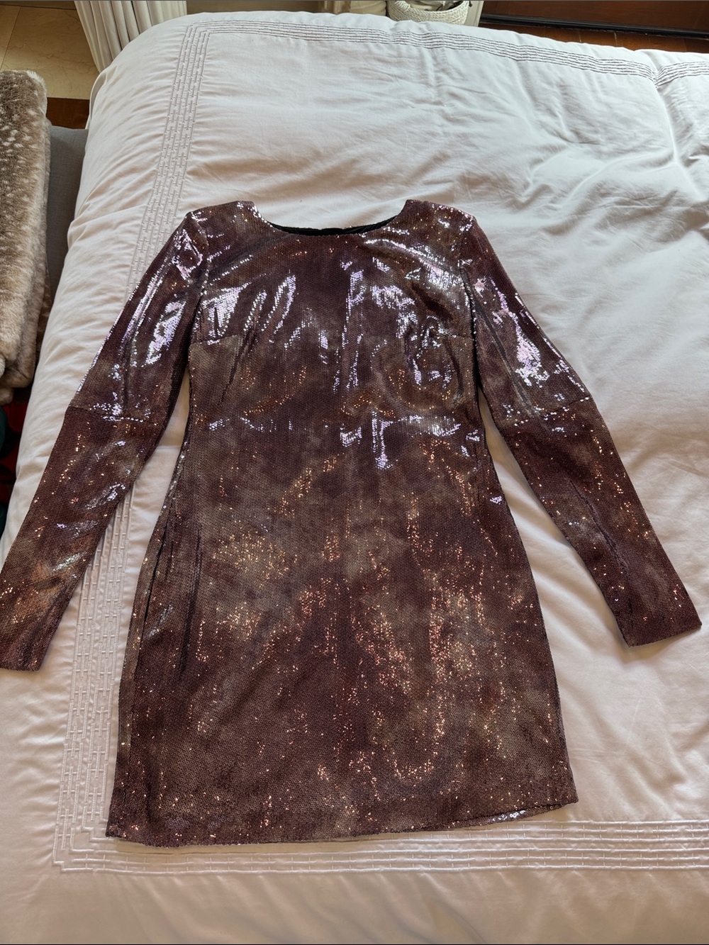 Divided Sequin Long-Sleeve Mini Dress in Iridescent Plum
